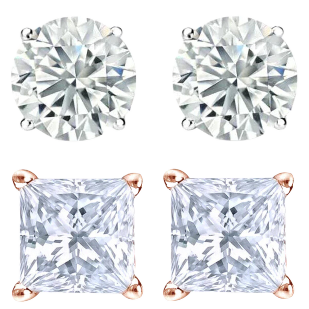 14k White and Rose Gold 1/2 Carat Solitaire Created Diamond 2 Pair Round and Princess Stud Earrings