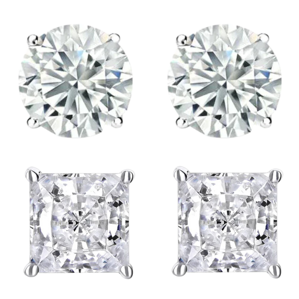 14k White Gold 1/2 Carat Solitaire Created Diamond 2 Pair Round and Princess Stud Earrings
