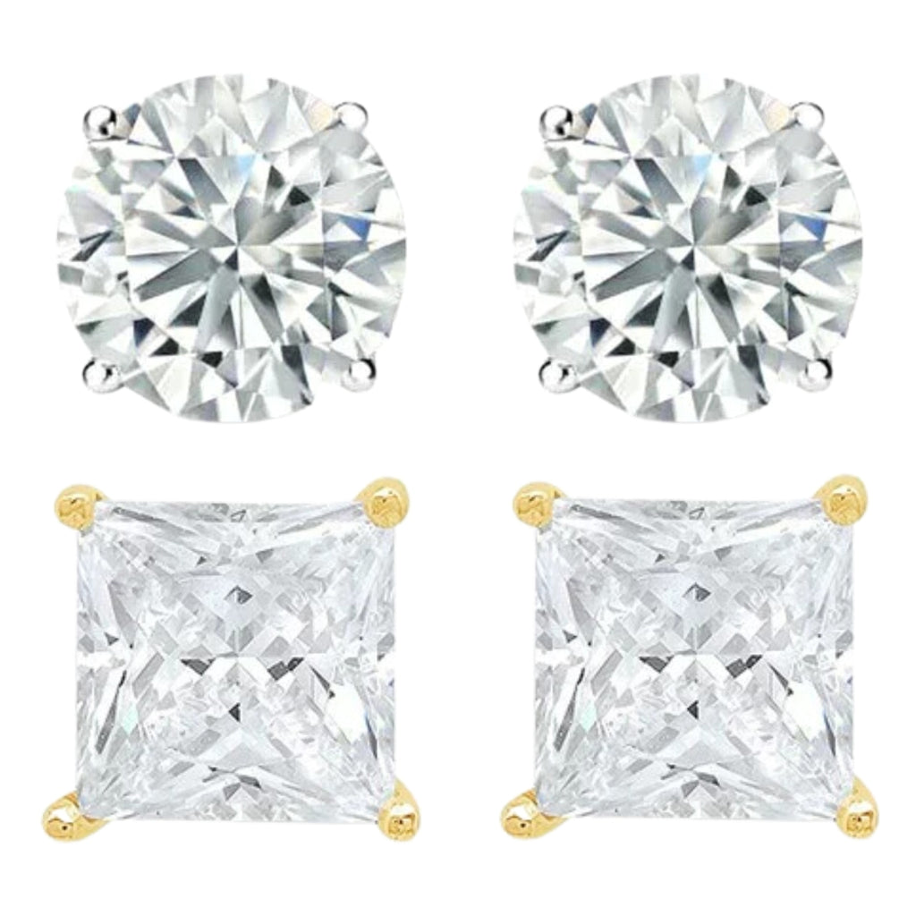 14k White and Yellow Gold 1/2 Carat Solitaire Created Diamond 2 Pair Round and Princess Stud Earrings