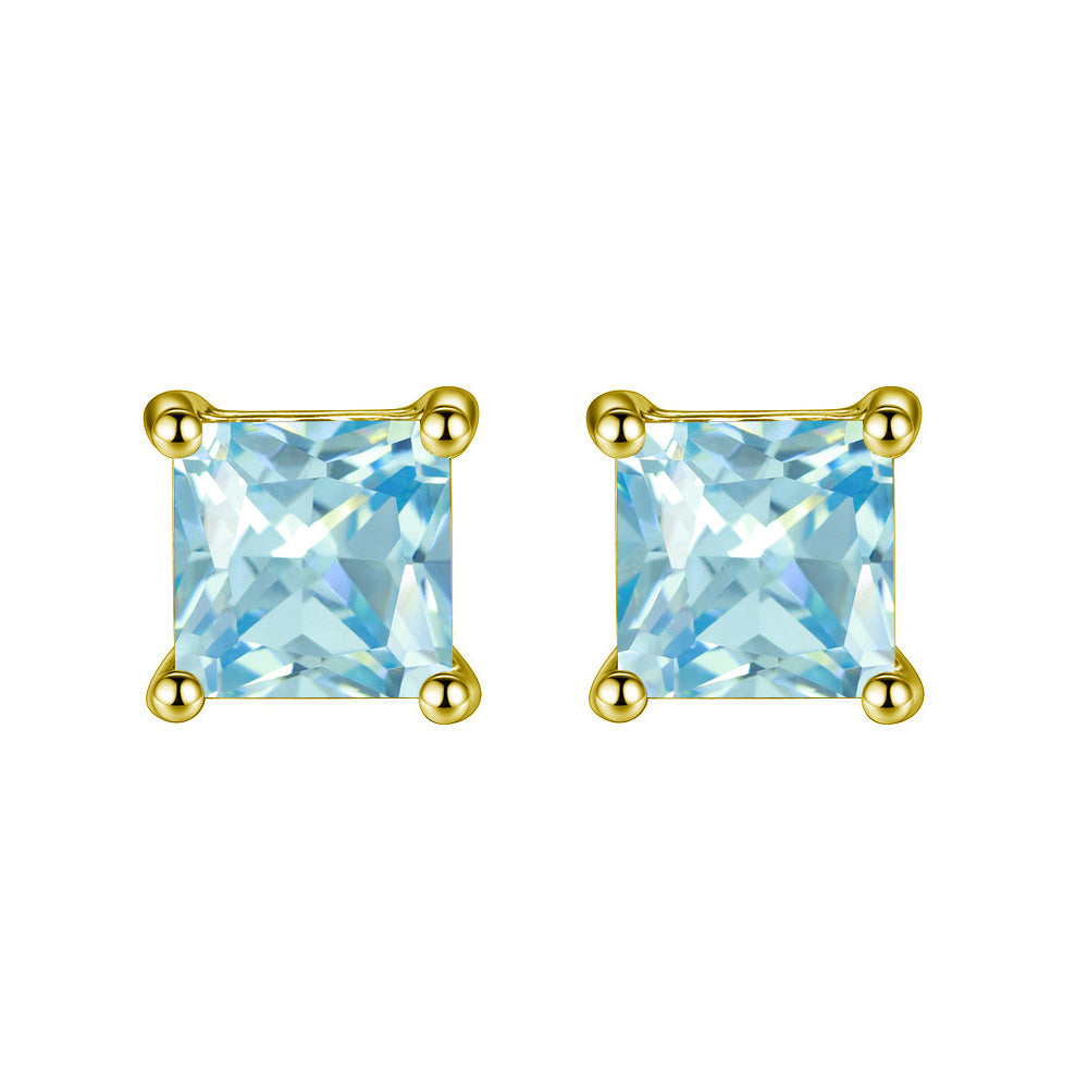 18k Yellow Gold Plated 1/4 Carat Princess Cut Created Blue Topaz Stud Earrings 4mm