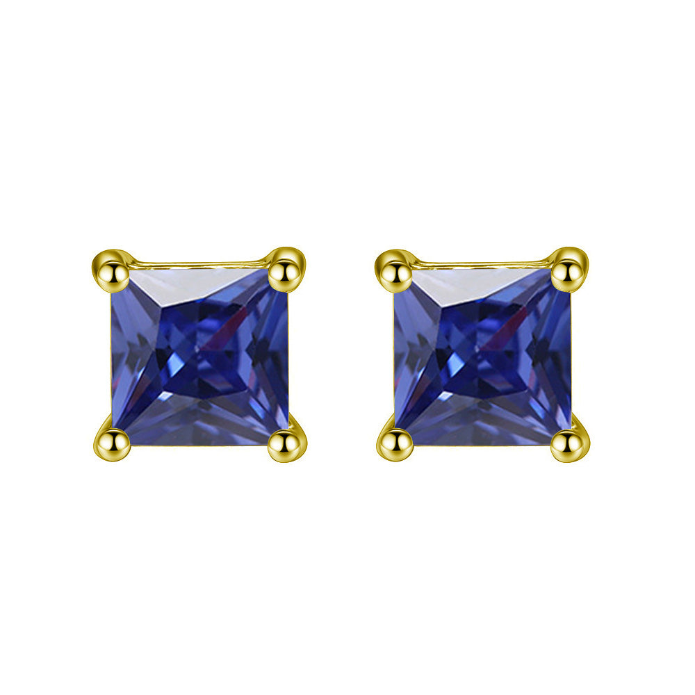 Yellow Gold Plated 7mm Princess Created Blue Sapphire Stud Earrings