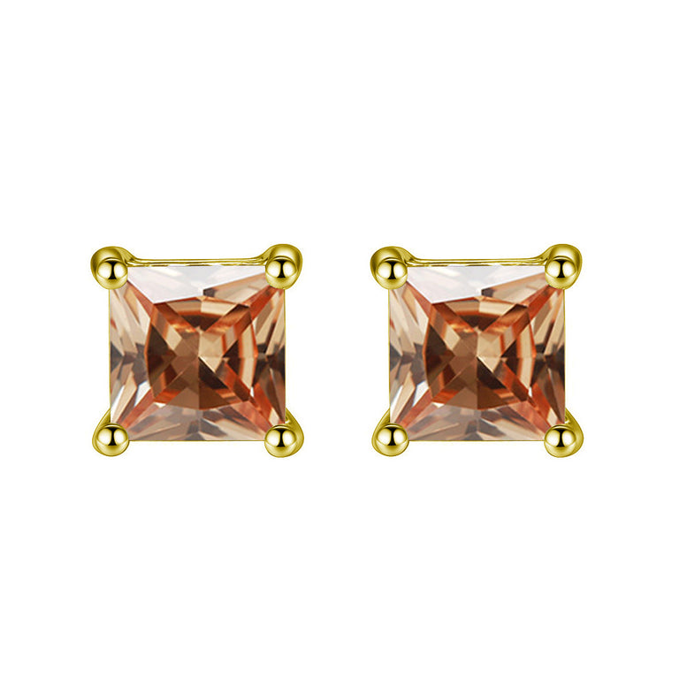 14k Yellow Gold Plated 3 Carat Princess Cut Created Champagne Sapphire Stud Earrings