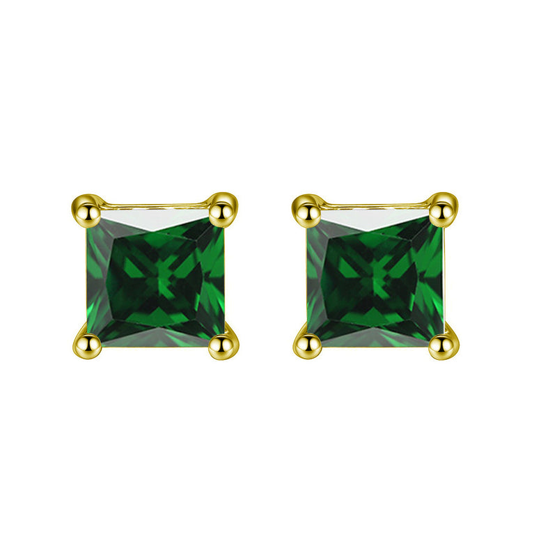10k Yellow Gold Plated 3 Ct Princess Cut Created Emerald Stud Earrings