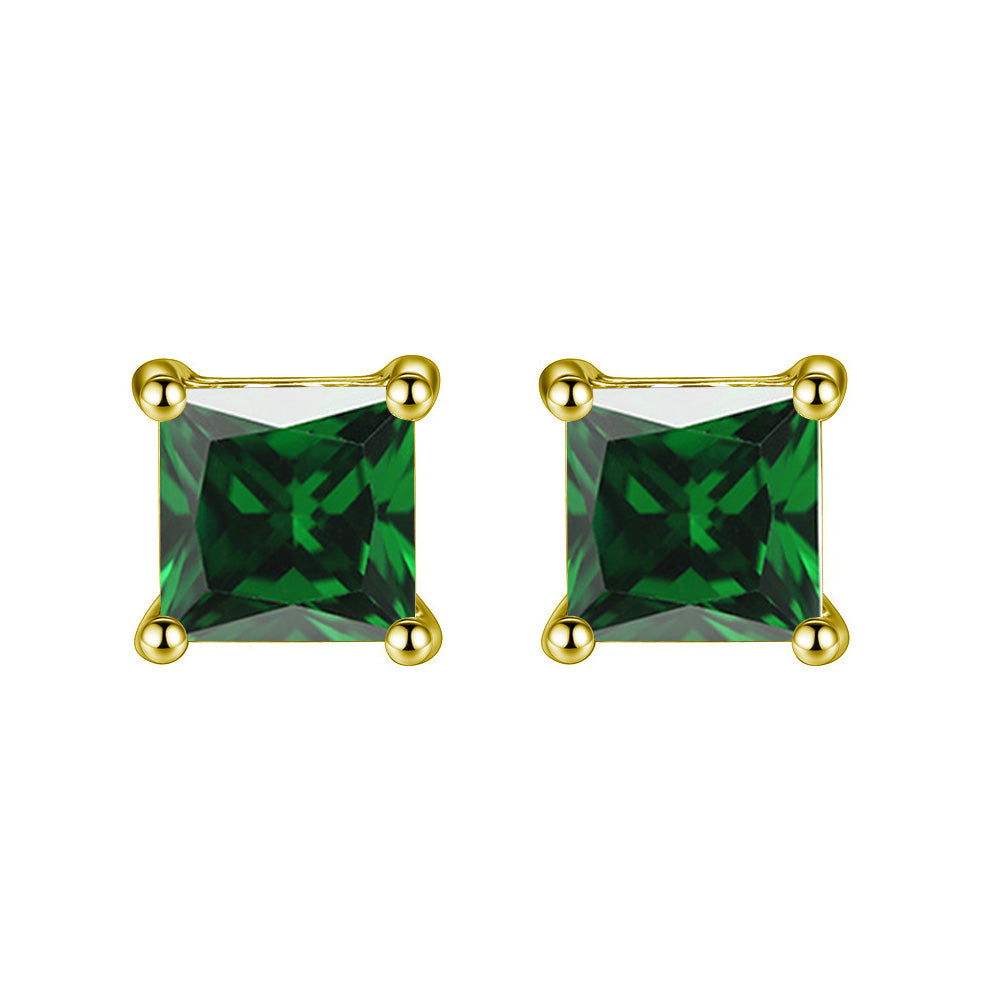 14k Yellow Gold Plated 4 Ct Princess Cut Created Emerald Stud Earrings