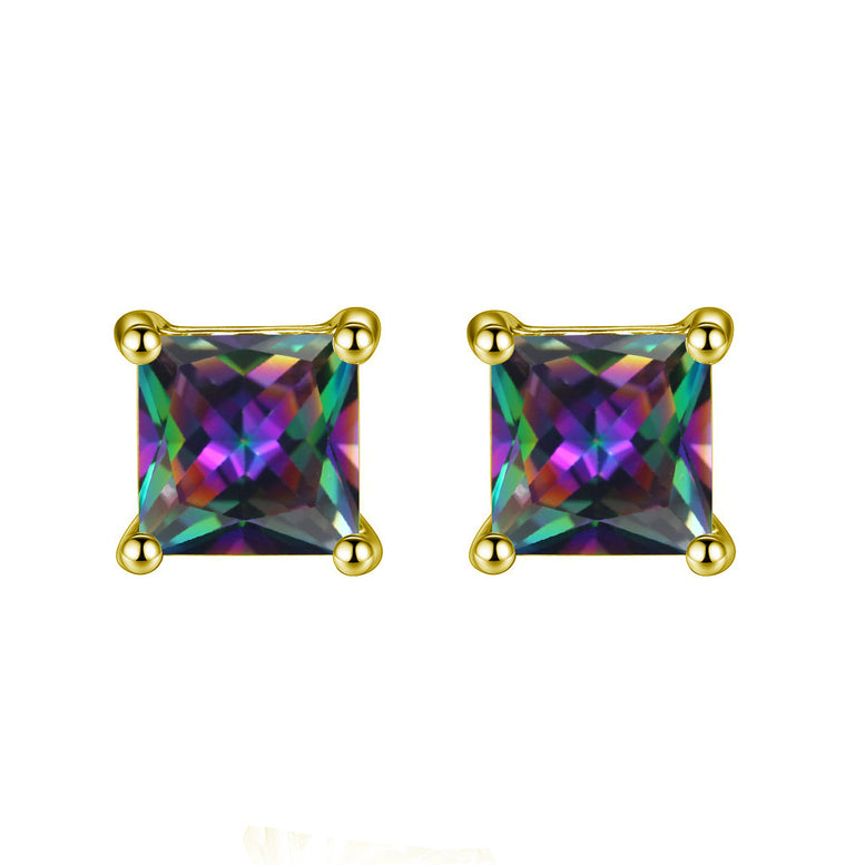 10k Yellow Gold Plated 3 Carat Square Created Mystic Topaz Stud Earrings