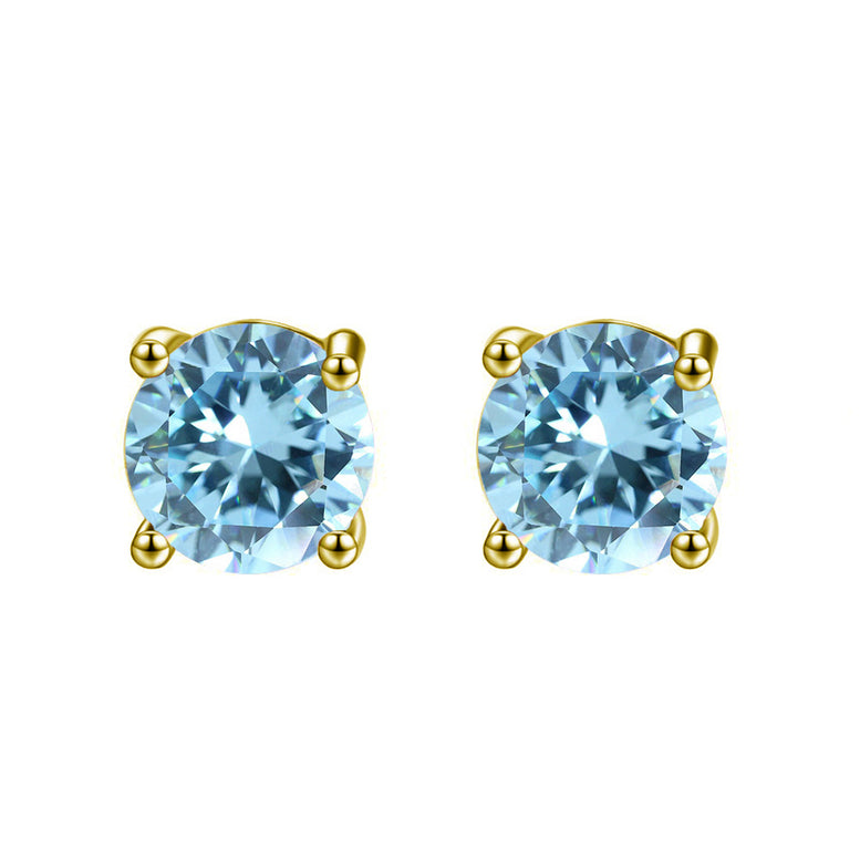 14k Yellow Gold Plated 3 Carat Round Created Blue Topaz Sapphire Stud Earrings