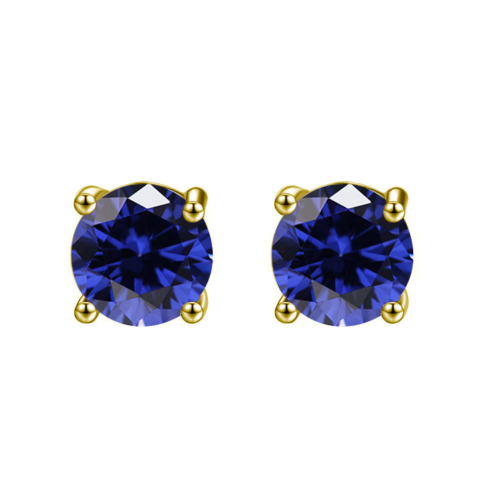 14k Yellow Gold Plated 4 Carat Round Created Blue Sapphire Stud Earrings