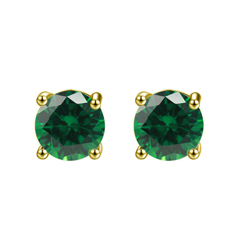 14k Yellow Gold Created Emerald Round Stud Earrings 3mm