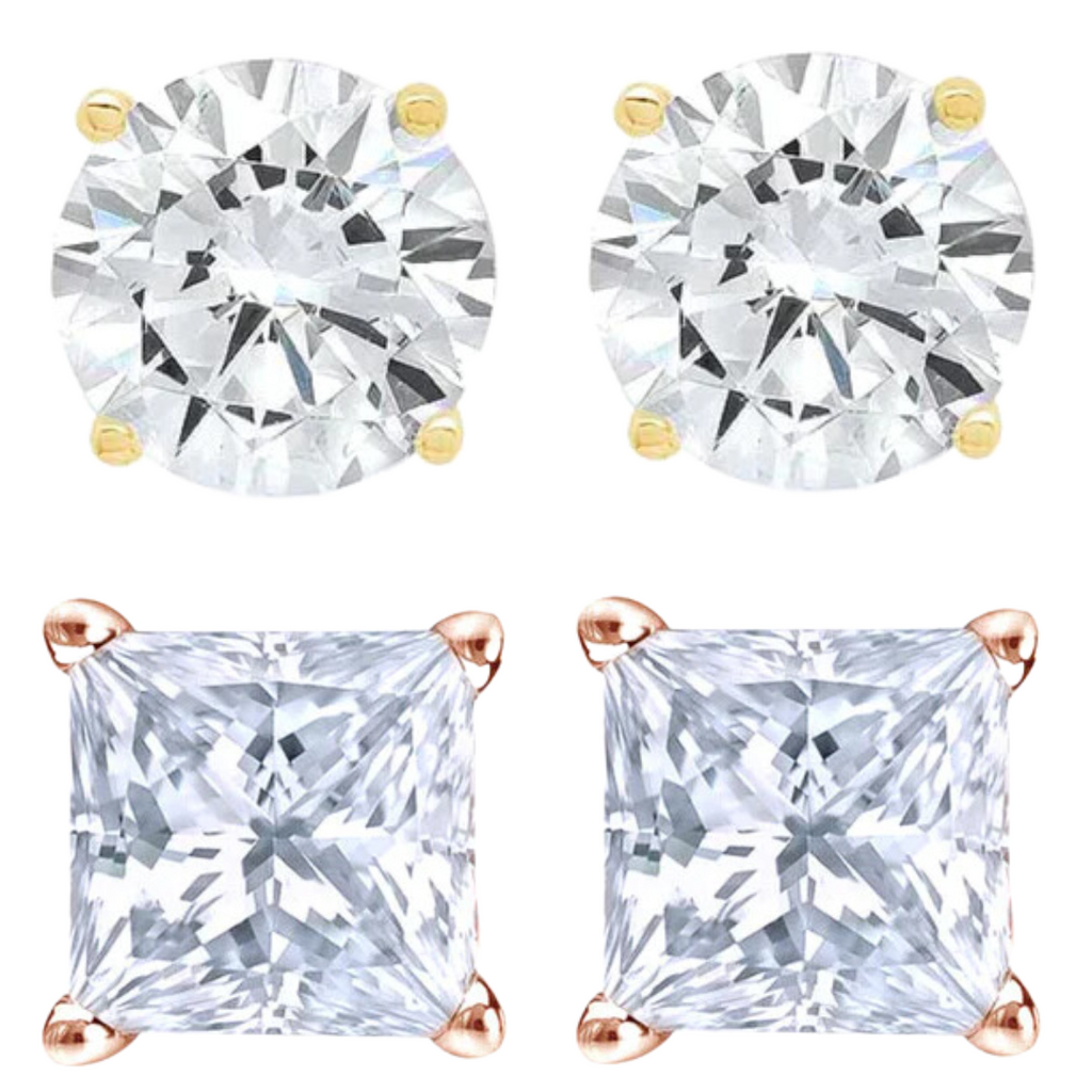 14k Yellow and Rose Gold 1/2 Carat Solitaire Created Diamond 2 Pair Round and Princess Stud Earrings