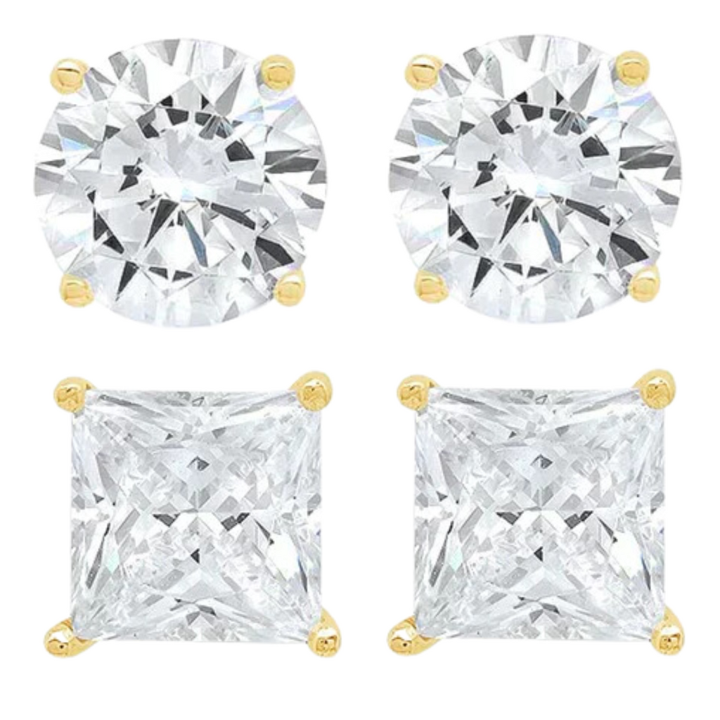 14k Yellow Gold 1/2 Carat Solitaire Created Diamond 2 Pair Round and Princess Stud Earrings