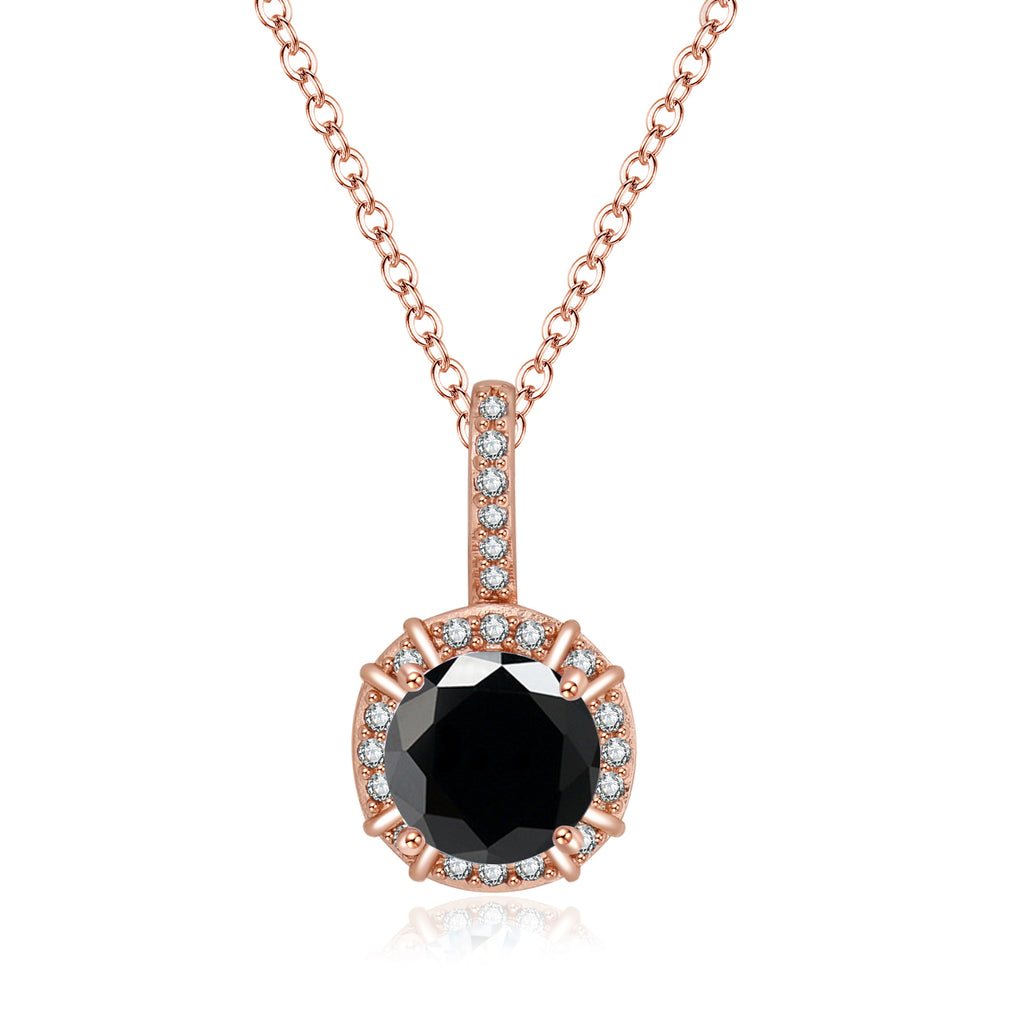 Paris Jewelry 18K Rose Gold 1ct Halo Black Sapphire Round 18 Inch Necklace Plated