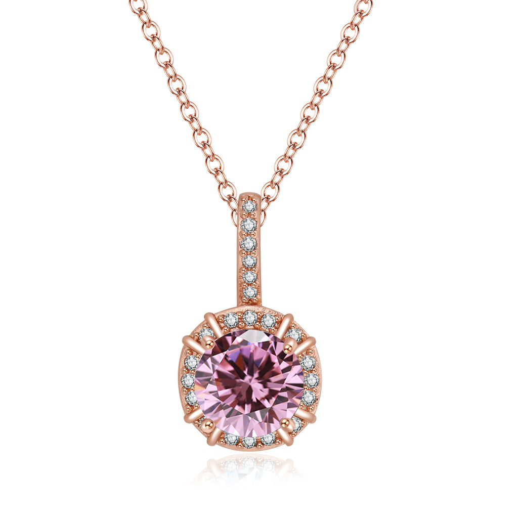 Paris Jewelry 18K Rose Gold 1ct Halo Pink Sapphire Round 18 Inch Necklace Plated