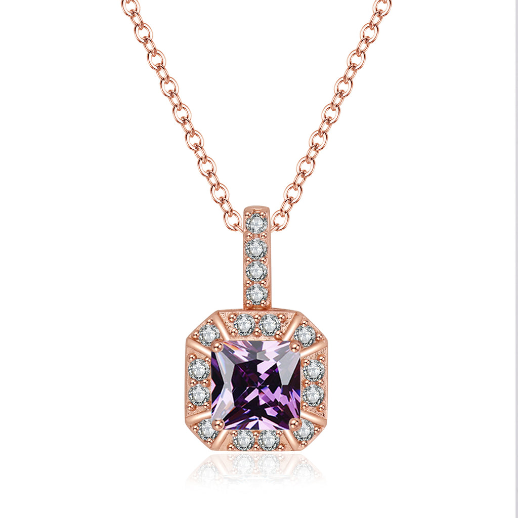 Paris Jewelry 18K Rose Gold 1ct Halo Amethyst Square 18 Inch Necklace Plated