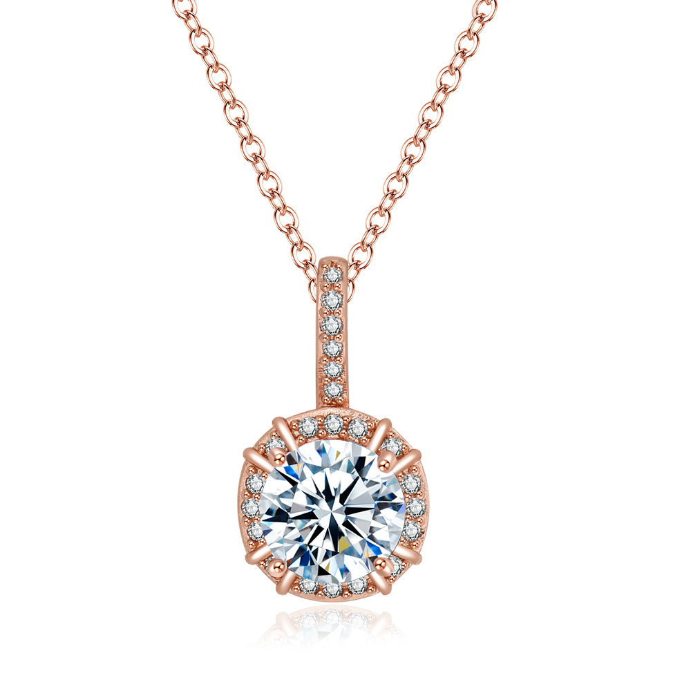 Paris Jewelry 18K Rose Gold 1ct Halo White Sapphire Round 18 Inch Necklace Plated