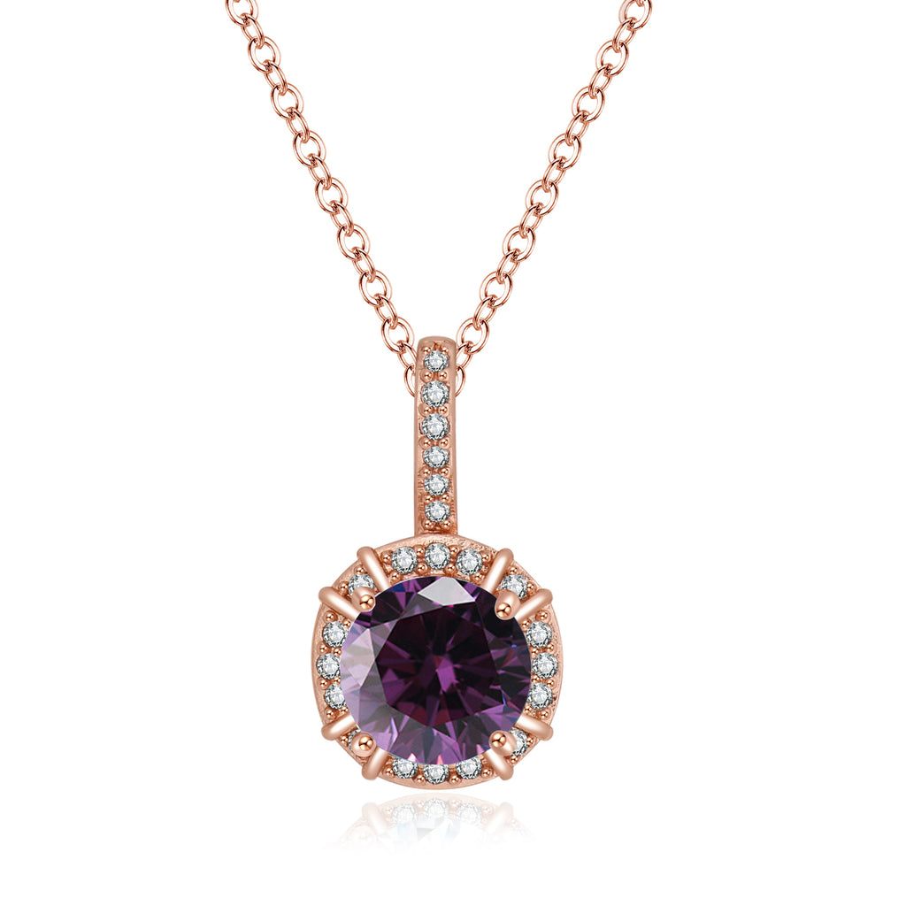 Paris Jewelry 18K Rose Gold 1ct Halo Amethyst Round 18 Inch Necklace Plated