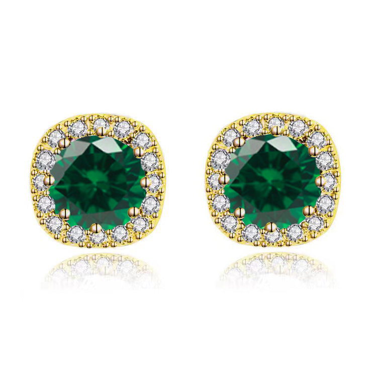18k Yellow Gold Plated 1/4 Carat Created Halo Round Emerald Stud Earrings 4mm