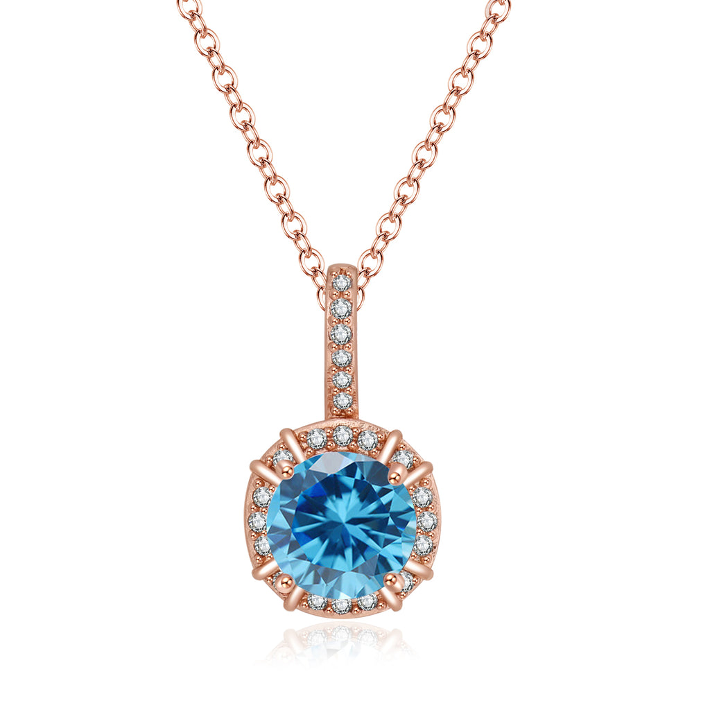 Paris Jewelry 18K Rose Gold 1ct Halo Blue Topaz Round 18 Inch Necklace Plated