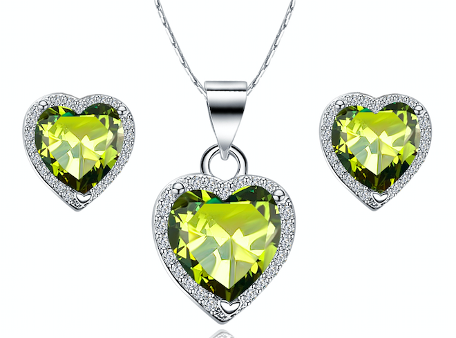 Paris Jewelry 18k White Gold Plated Heart 4 Carat Created Peridot Full Set Necklace, Earrings 18 inch