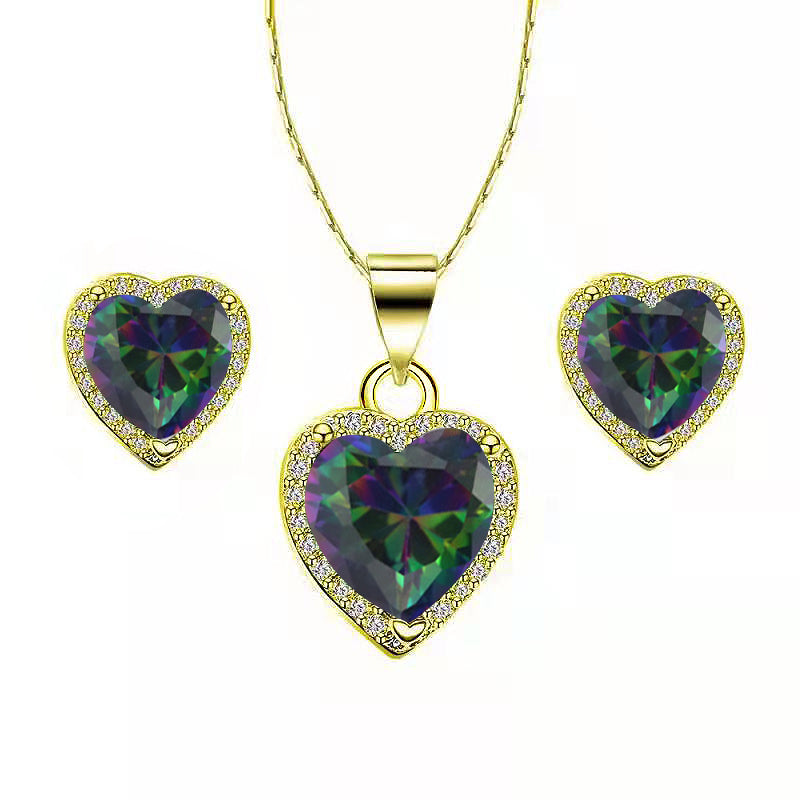 Paris Jewelry 18k Yellow Gold Plated Heart 4 Carat Created Mystic Full Set Necklace, Earrings 18 Inch