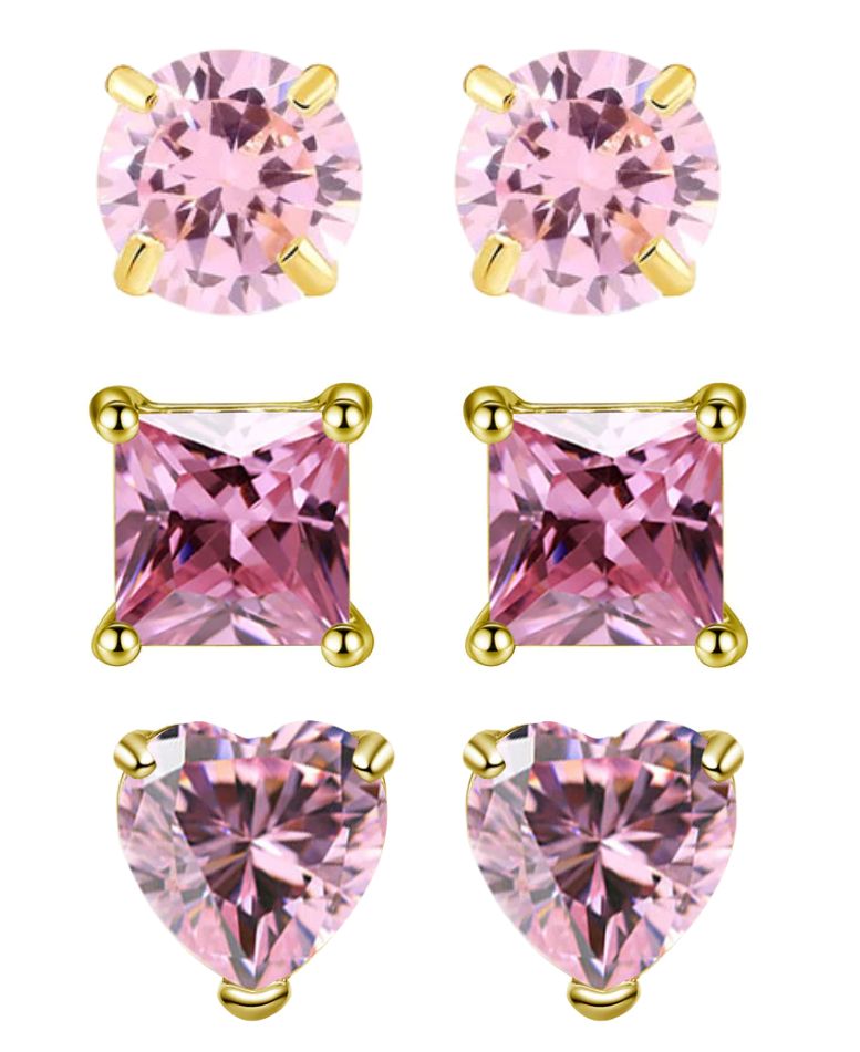 Paris Jewelry 18k Yellow Gold Created Tourmaline 3 Pair Round, Square And Heart Stud Earrings Plated 4mm
