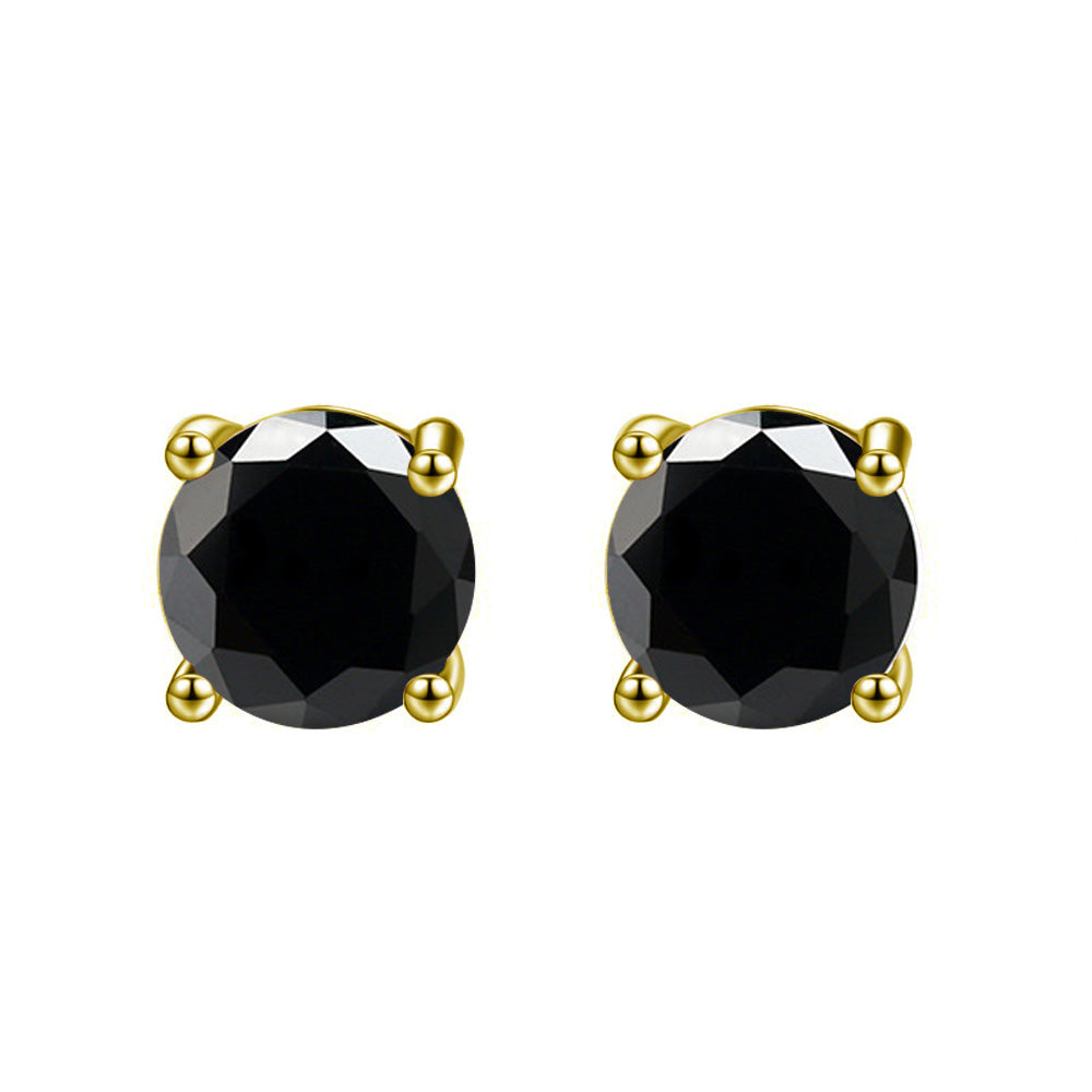 18k Yellow Gold Plated Created Black Sapphire 4 Carat Round Stud Earrings