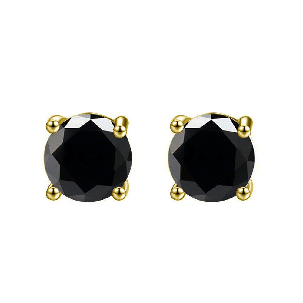 18k Yellow Gold Plated Created Black Sapphire 3 Carat Round Stud Earrings