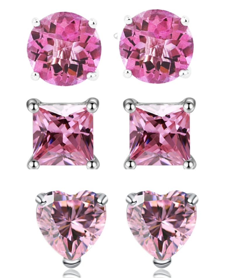 Paris Jewelry 18k White Gold 4Cttw Created Tourmaline 3 Pair Round, Square and Heart Stud Earrings Plated