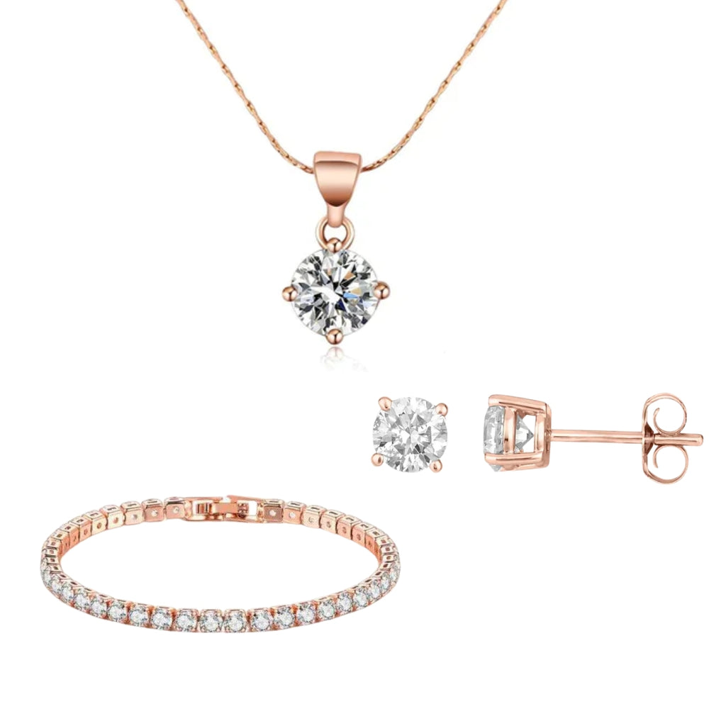 Paris Jewelry 18K Rose Gold 3 Set Created White Sapphire Round Necklace, Earrings And Clasp Bracelet Plated