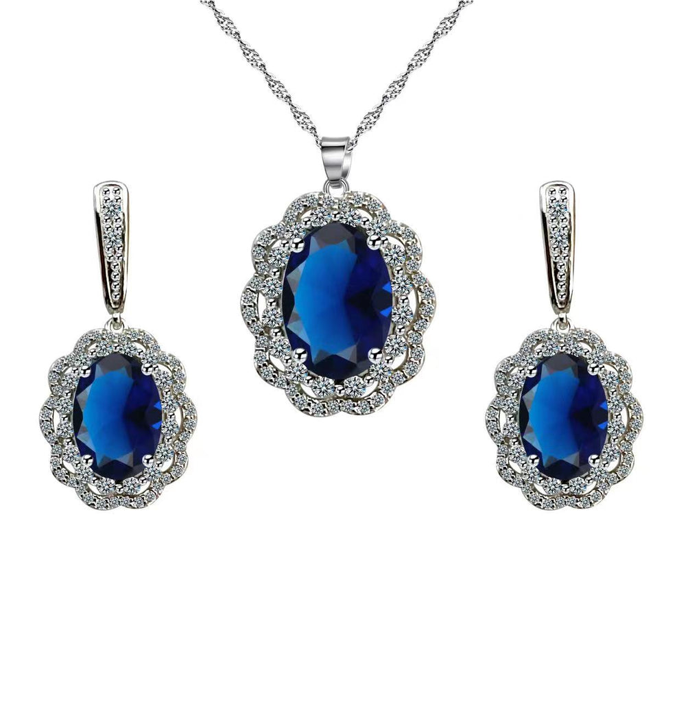 18K White Gold Created Oval Blue Sapphire Halo and White Sapphire Earrings & Necklace Set Plated