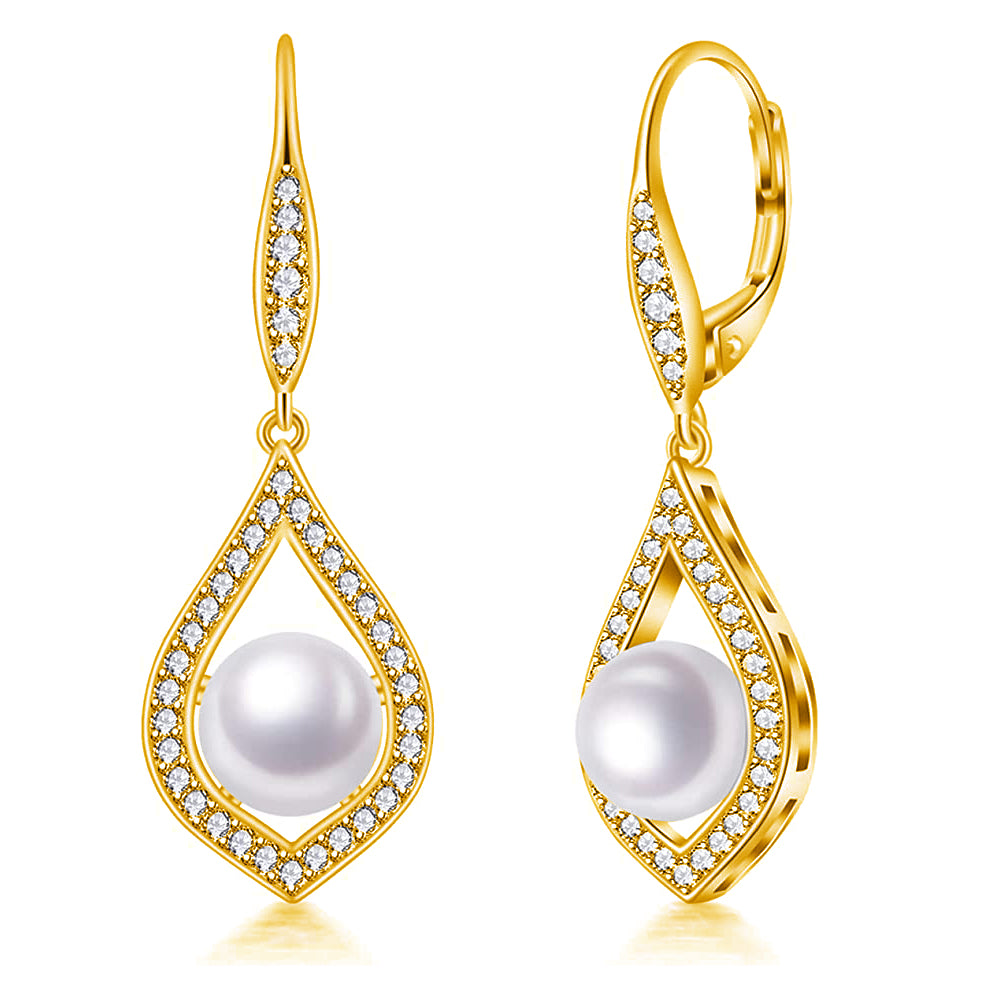 18K Yellow Gold Freshwater Lever back Teardrop White Pearl 8mm with Created Sapphire Earrings Plated