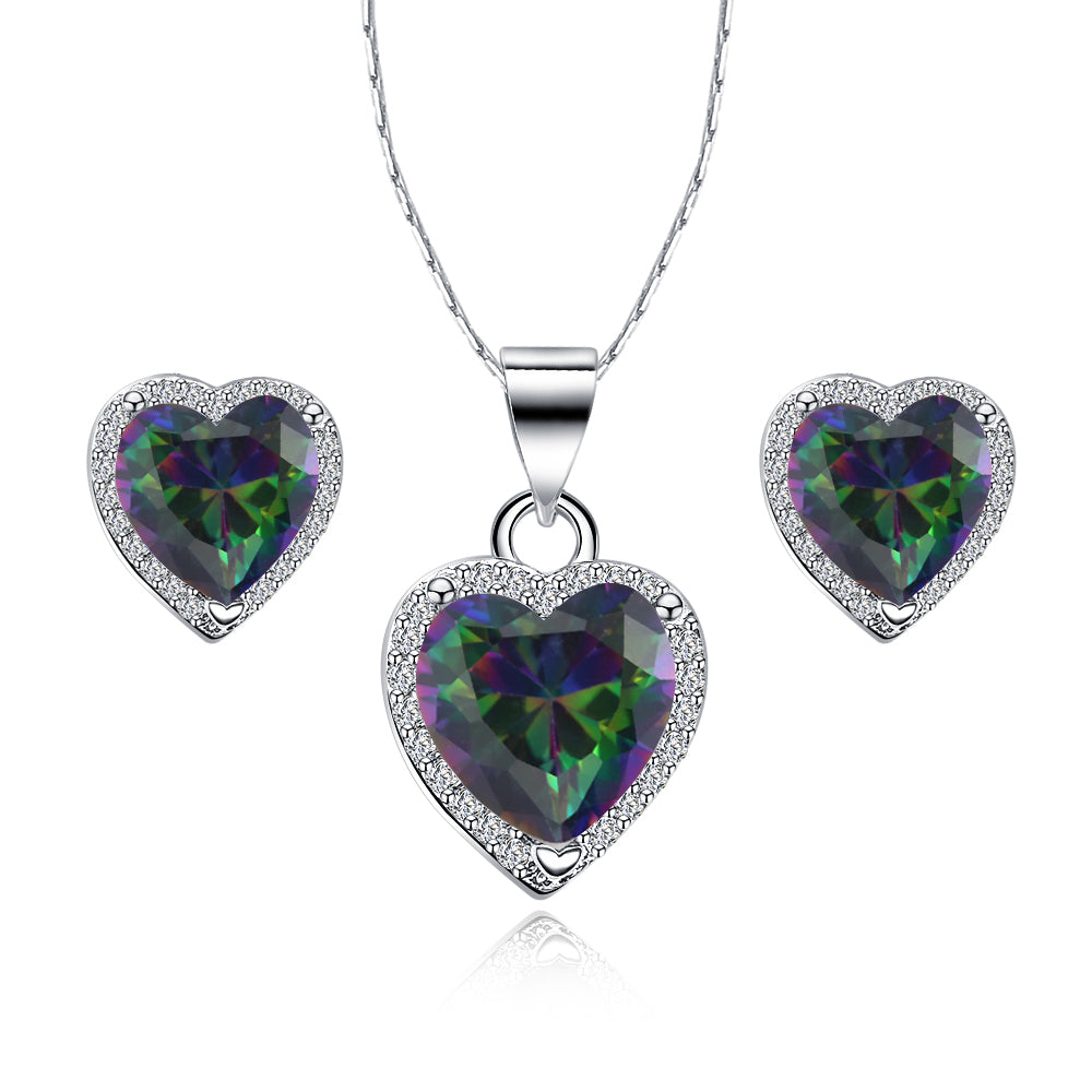 Paris Jewelry 18k White Gold Plated Heart 4 Carat Created Alexandrite Full Set Necklace, Earrings 18 inch