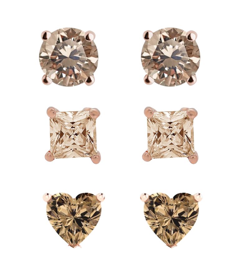 18k Rose Gold Plated 4mm Created Champagne 3 Pair Round, Square and Heart Stud Earrings