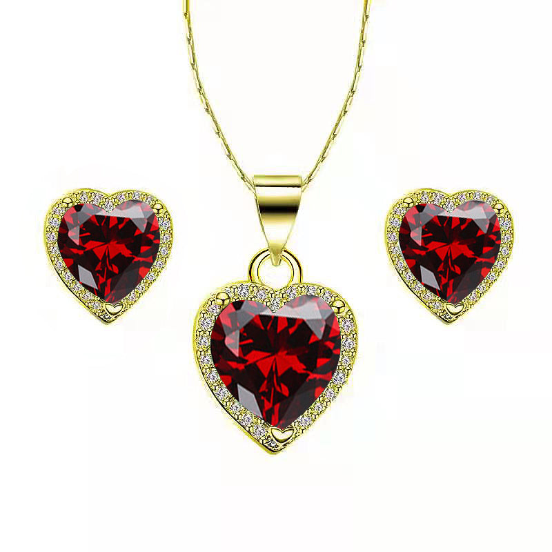 Paris Jewelry 18k Yellow Gold Plated Heart 4 Carat Created Ruby Sapphire Full Set Necklace, Earrings 18 Inch