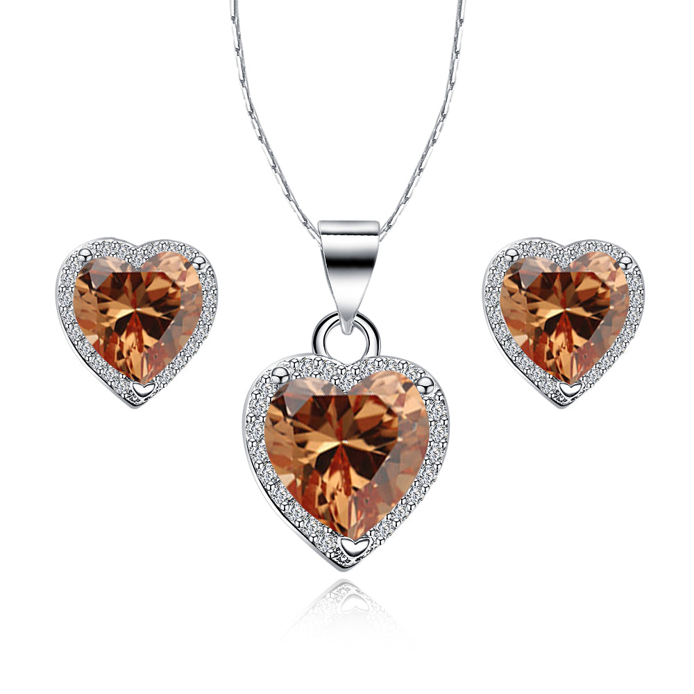 Paris Jewelry 18k White Gold Plated Heart 4 Carat Created Champagne Full Set Necklace, Earrings 18 Inch