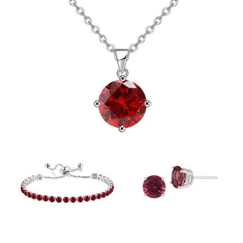 10k White Gold 7 Ct Round Created Ruby Set of Necklace, Earrings and Bracelet Plated