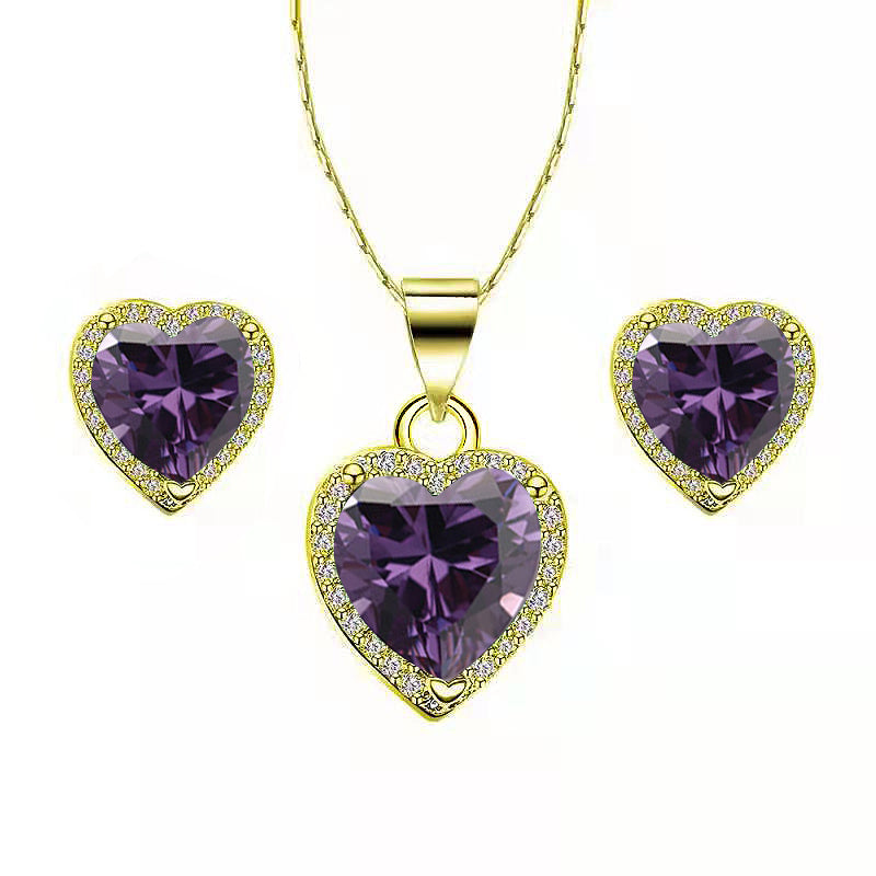 Paris Jewelry 18k Yellow Gold Plated Heart 4 Carat Created Amethyst Full Set Necklace, Earrings 18 Inch