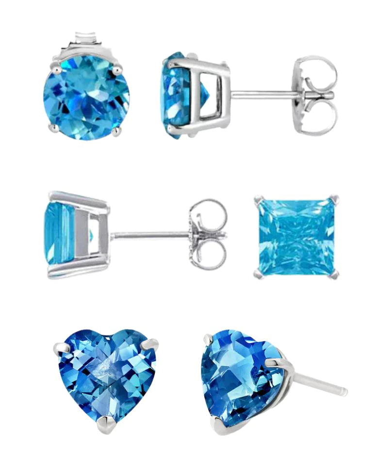 18k White Gold Plated 6mm Created Blue Topaz 3 Pair Round, Square and Heart Stud Earrings