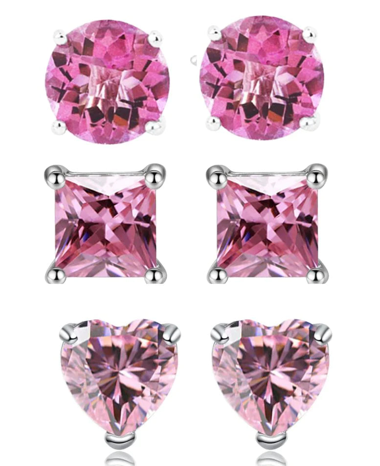18k White Gold Plated 6mm Created Tourmaline 3 Pair Round, Square and Heart Stud Earrings
