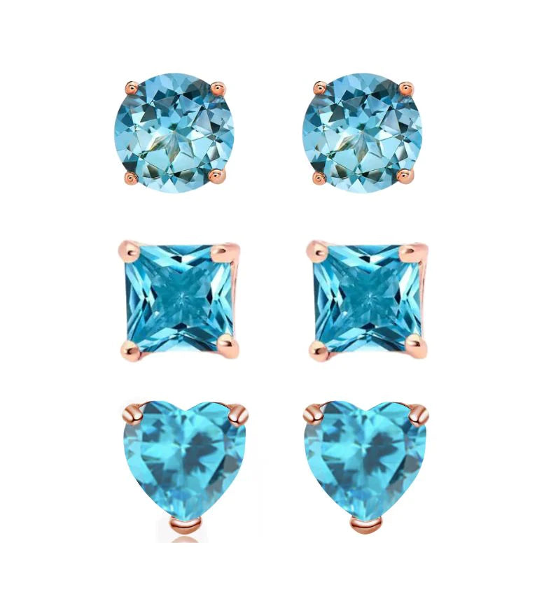 18k Rose Gold Plated 6mm Created Blue Topaz 3 Pair Round, Square and Heart Stud Earrings