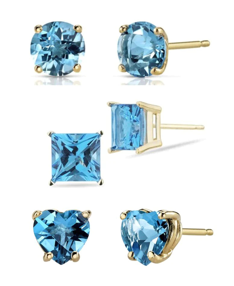 18k Yellow Gold Plated 6mm Created Blue Topaz 3 Pair Round, Square and Heart Stud Earrings