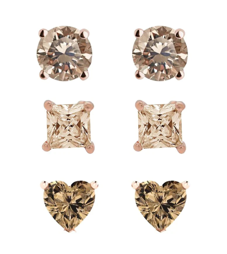 18k Rose Gold Plated 4Cttw Created Champagne 3 Pair Round, Square and Heart Stud Earrings