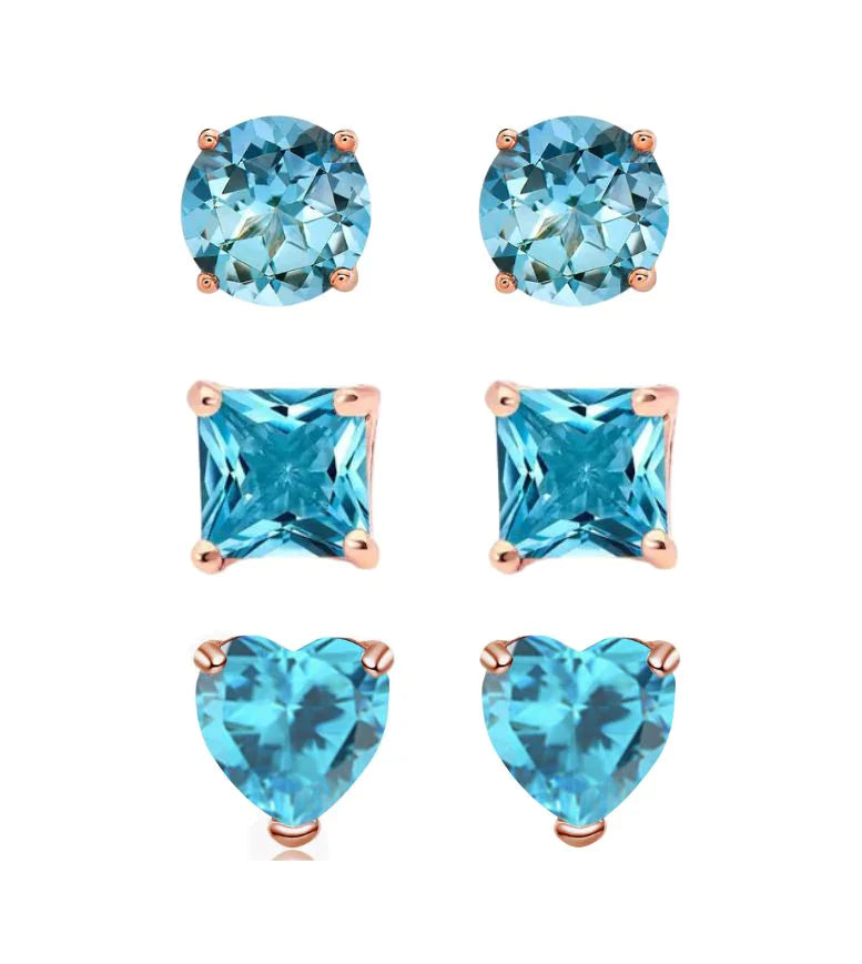 18k Rose Gold Plated 4Cttw Created Blue Topaz 3 Pair Round, Square and Heart Stud Earrings