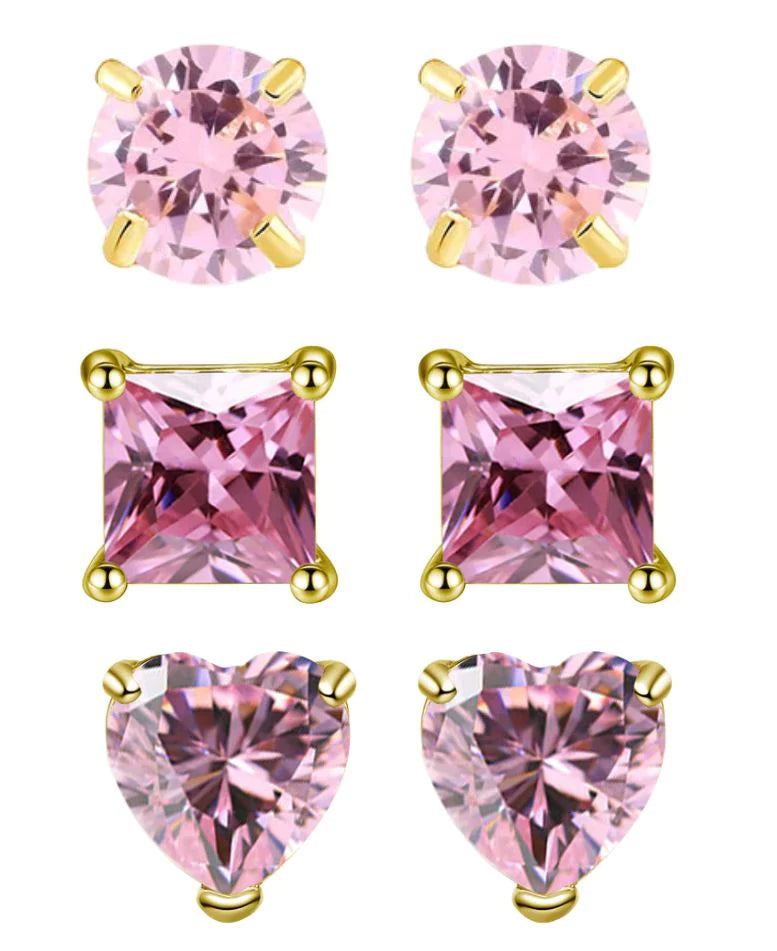 18k Yellow Gold Plated 6mm Created Tourmaline 3 Pair Round, Square and Heart Stud Earrings