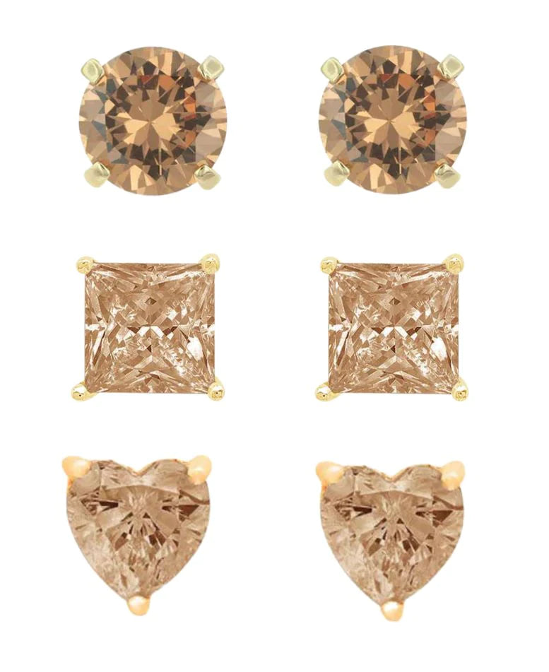 18k Yellow Gold Plated 6mm Created Champagne 3 Pair Round, Square and Heart Stud Earrings