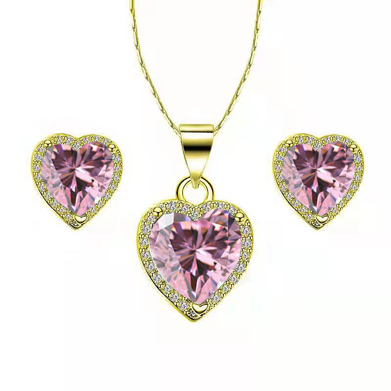 Paris Jewelry 18k Yellow Gold Plated Heart 4 Carat Created Pink Sapphire Full Set Necklace, Earrings 18 Inch
