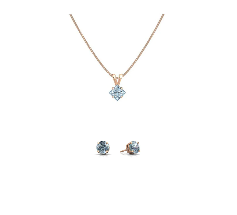 18K Rose Gold 1ct Aquamarine Princess Cut 18 Inch Necklace and Round Earrings Set Plated