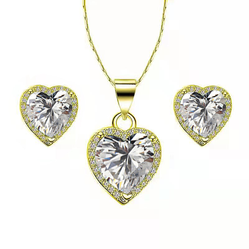 Paris Jewelry 18k Yellow Gold Plated Heart 4 Carat Created White Sapphire Full Set Necklace, Earrings 18 Inch