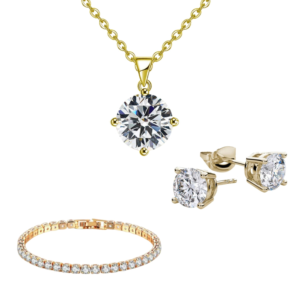 Paris Jewelry 18K Yellow Gold 3 Set Created White Sapphire Round Necklace, Earrings And Clasp Bracelet Plated