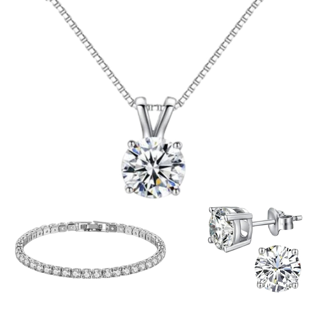 Paris Jewelry 18K White Gold 3 Set Created White Sapphire Round Necklace, Earrings And Clasp Bracelet Plated