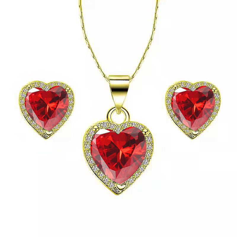 Paris Jewelry 18k Yellow Gold Plated Heart 4 Carat Created Garnet Full Set Necklace, Earrings 18 Inch